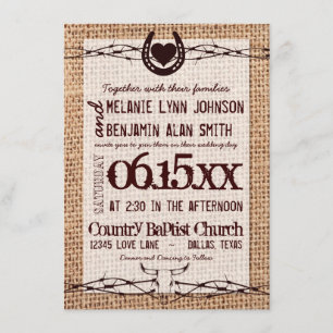 Rustic Burlap Print Barbed Wire Wedding Invitation