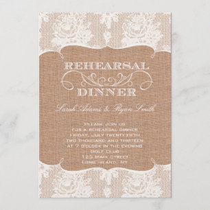 Rustic Burlap Print & Lace Rehearsal Dinner Invitation