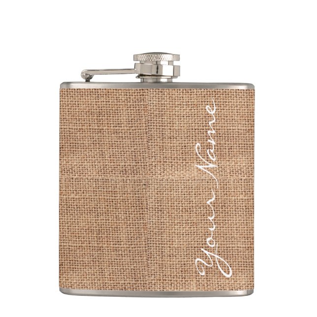 Rustic Burlap Print Personalized Hip Flask (Front)