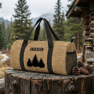 Rustic burlap print vintage cabin hiking duffle bag