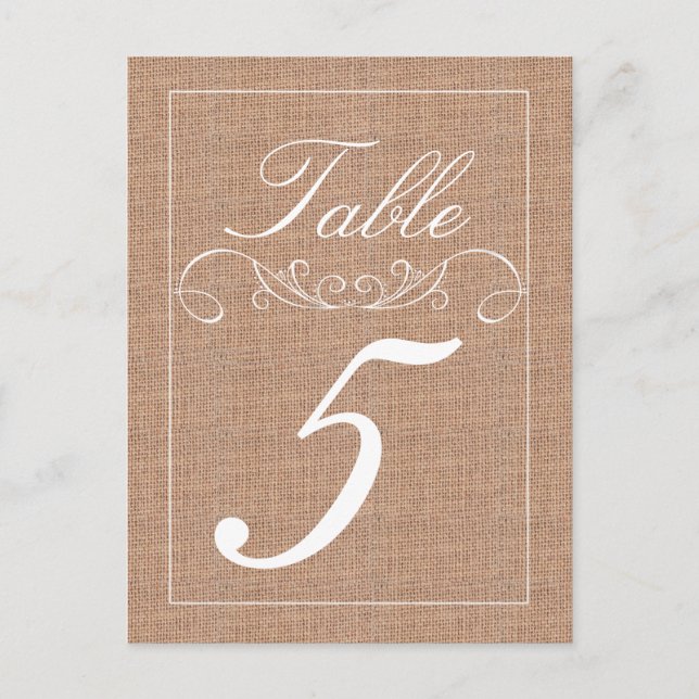 Rustic Burlap Print Wedding Table Number Cards (Front)