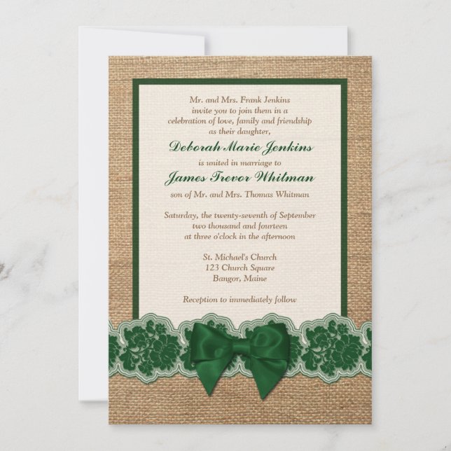 Rustic Burlap, PRINTED Lace, Bow Wedding Invite 2 (Front)