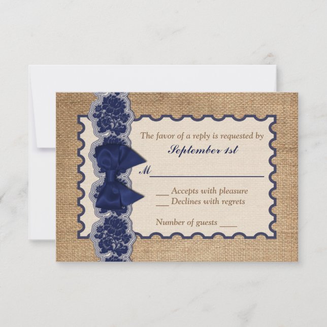 Rustic Burlap, PRINTED Lace, Bow Wedding RSVP Card (Front)