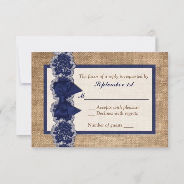 Rustic Burlap, PRINTED Lace, Bow Wedding RSVP Card (Front)