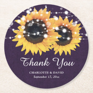 Rustic Burlap Purple Sunflower Wedding Round Paper Coaster