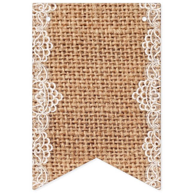 Rustic Burlap Sack with White Lace. Bunting Flags (First Flag)