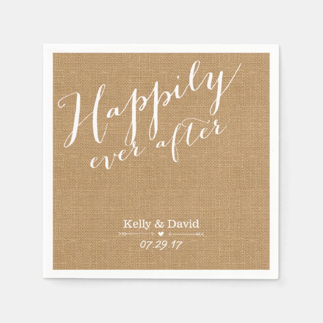 Rustic Burlap Script Happily Ever After Wedding Napkin (Front)