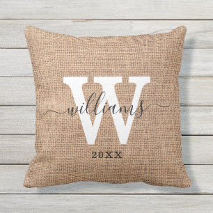 Rustic Burlap Script Name Family Monogram Initial Outdoor Pillow
