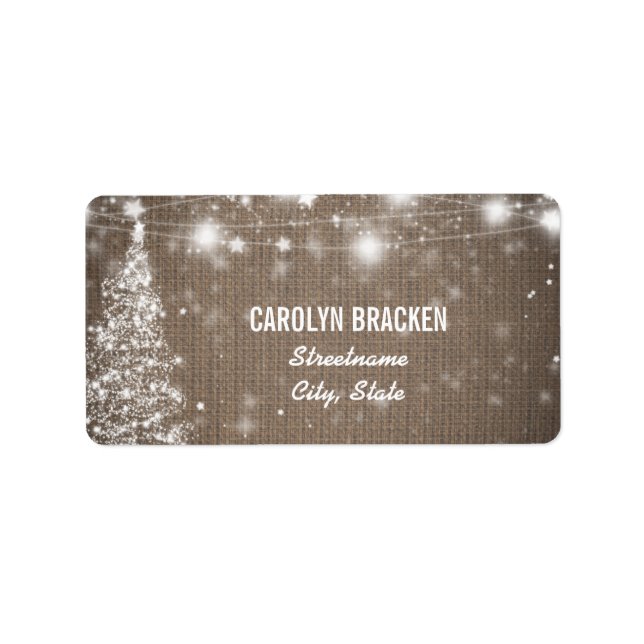 Rustic Burlap Shimmering Stars Christmas Tree Label (Front)