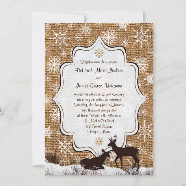 Rustic Burlap, Snowflakes and Deer Wedding Invite (Front)