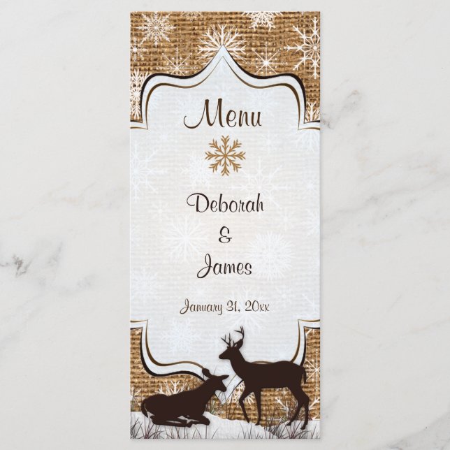 Rustic Burlap, Snowflakes & Deer Wedding Menu Card (Front)