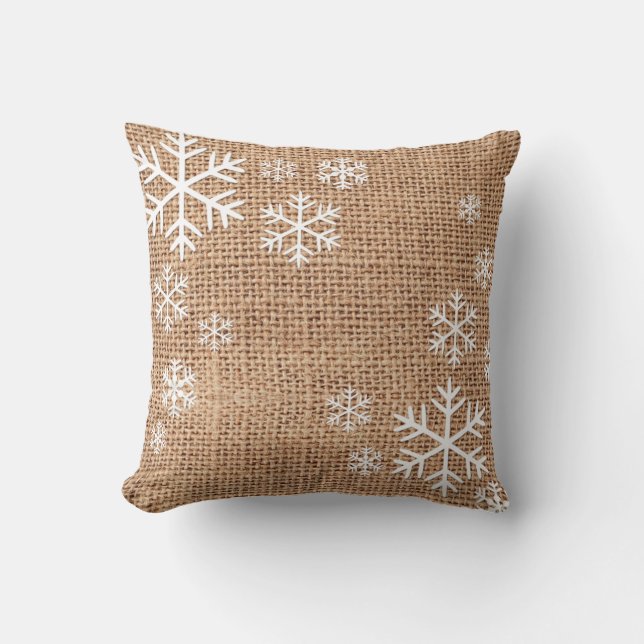 Rustic Burlap Snowflakes Plaid Holiday Pillow (Front)