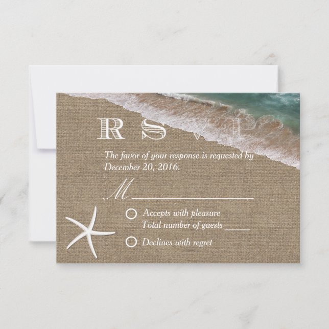 Rustic Burlap Starfish Beach Wedding RSVP Card (Front)