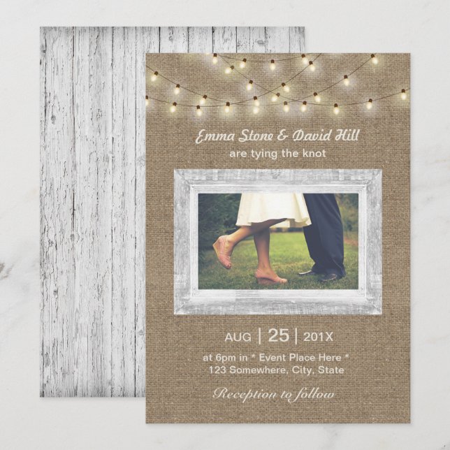 Rustic Burlap String Lights Elegant Photo Wedding Invitation (Front/Back)