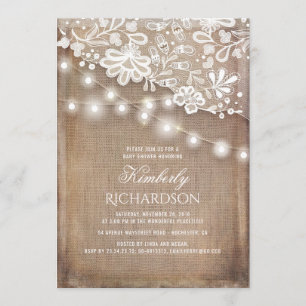 Rustic Burlap String Lights Lace Baby Shower Invitation