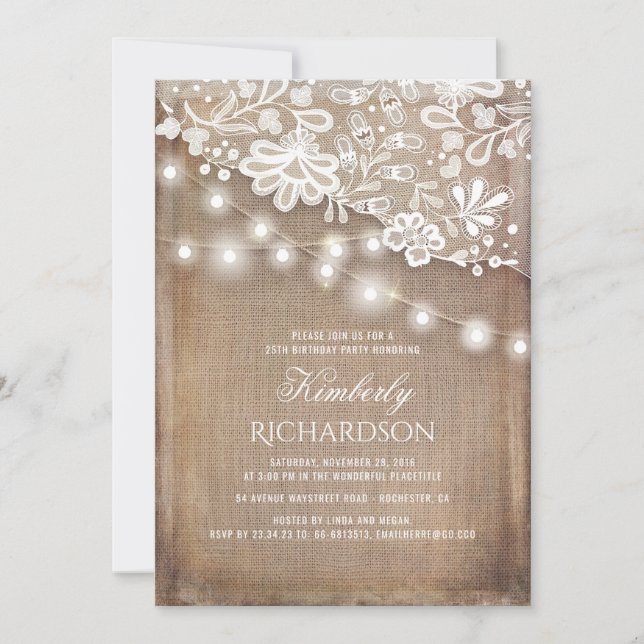 Rustic Burlap String Lights Lace Birthday Party Invitation (Front)