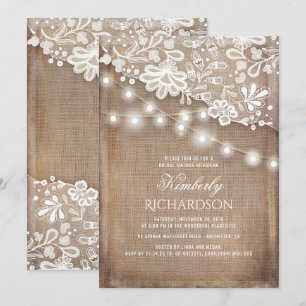 Rustic Burlap String Lights Lace Bridal Shower Invitation