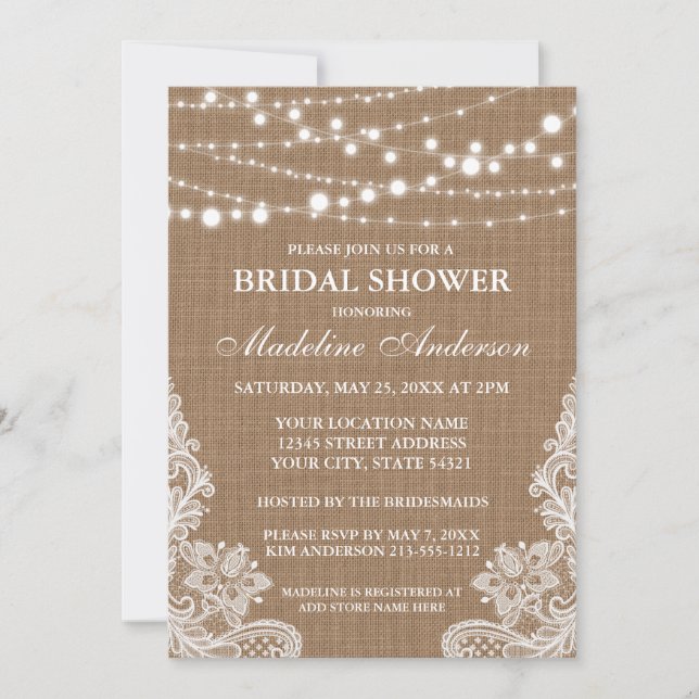 Rustic Burlap String Lights Lace Bridal Shower Invitation (Front)