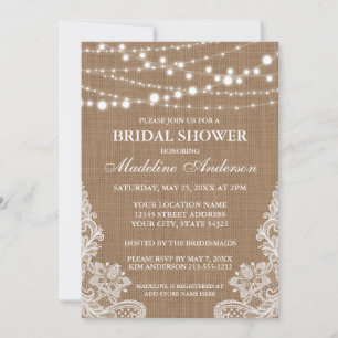 Rustic Burlap String Lights Lace Bridal Shower Invitation