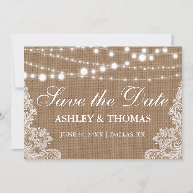 Rustic  Burlap String Lights Lace Save the Date (Front)