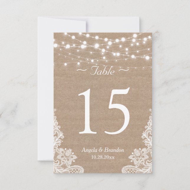 Rustic Burlap String Lights Lace Table Number (Front)