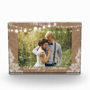 Rustic Burlap String Lights Lace Wedding Photo Block