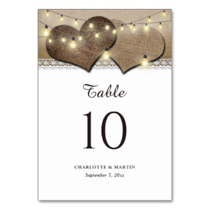 Rustic Burlap String Lights Table Number Cards
