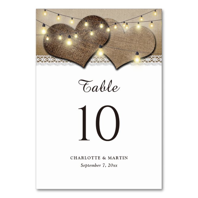 Rustic Burlap String Lights Table Number Cards (Front)