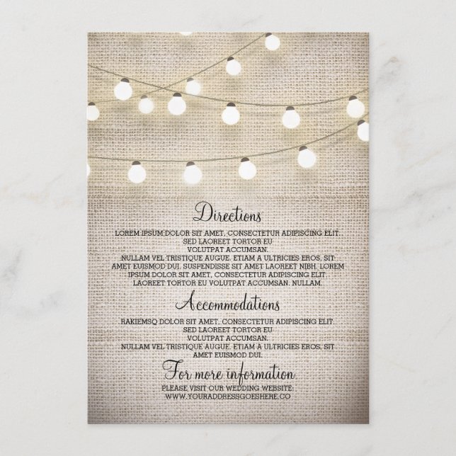 Rustic Burlap String Lights Wedding Details Card (Front)