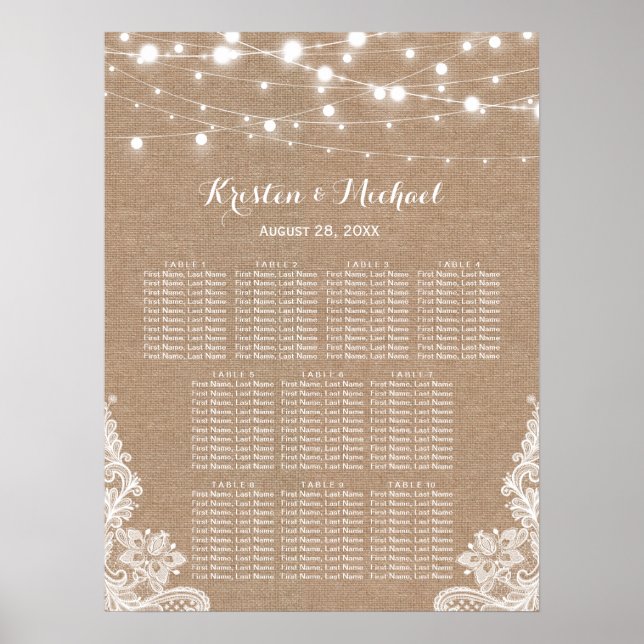 Rustic Burlap String Lights Wedding Seating Chart (Front)