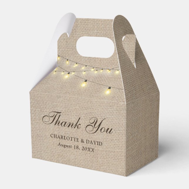 Rustic Burlap String Lights Wedding Thank You Favor Box (Front Side)