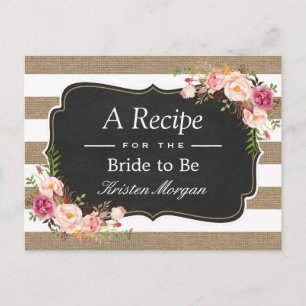 Rustic Burlap Stripes Floral Bridal Shower Recipe Postcard