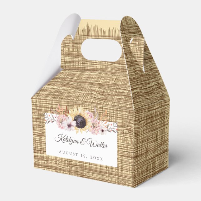 Rustic Burlap Sunflower Bouquet Wedding Favor Box (Front Side)