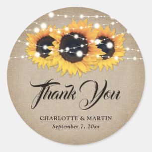 Rustic Burlap Sunflower Thank You Wedding Favour Classic Round Sticker