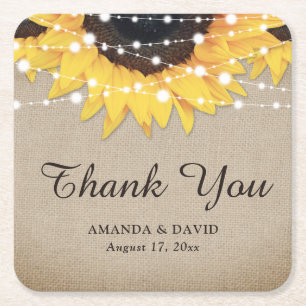 Rustic Burlap Sunflower Thank You Wedding Favour Square Paper Coaster