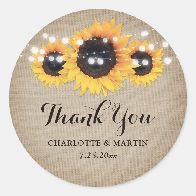 Rustic Burlap Sunflower Wedding Favour Classic Round Sticker (Front)