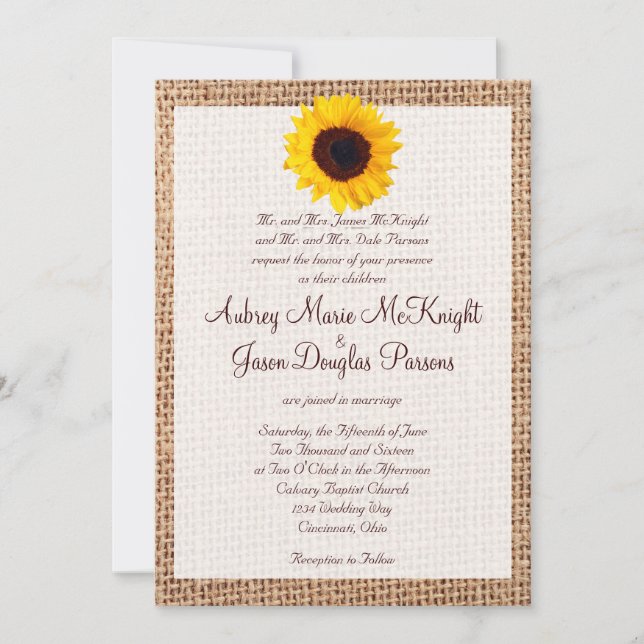 Rustic Burlap Sunflower Wedding Invitations (Front)