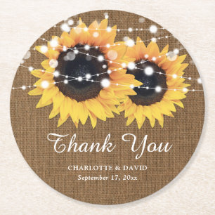 Rustic Burlap Sunflower Wedding Thank You Round Paper Coaster