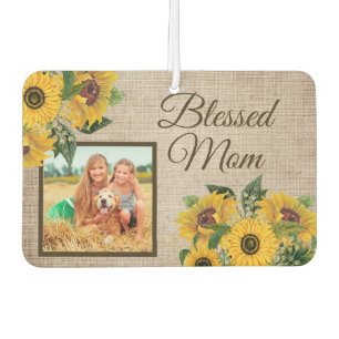 Rustic Burlap Sunflowers Blessed Mom Photo Air Freshener
