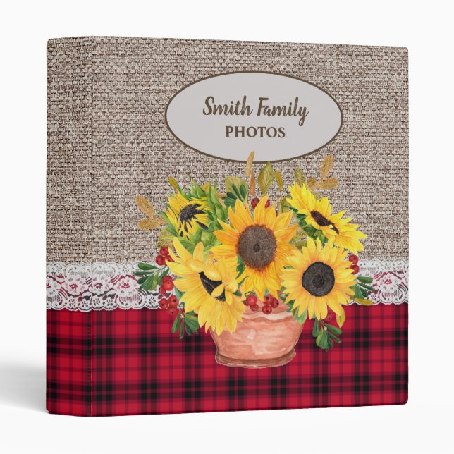 Rustic Burlap Sunflowers Buffalo Plaid Photo Binder (Front/Spine)
