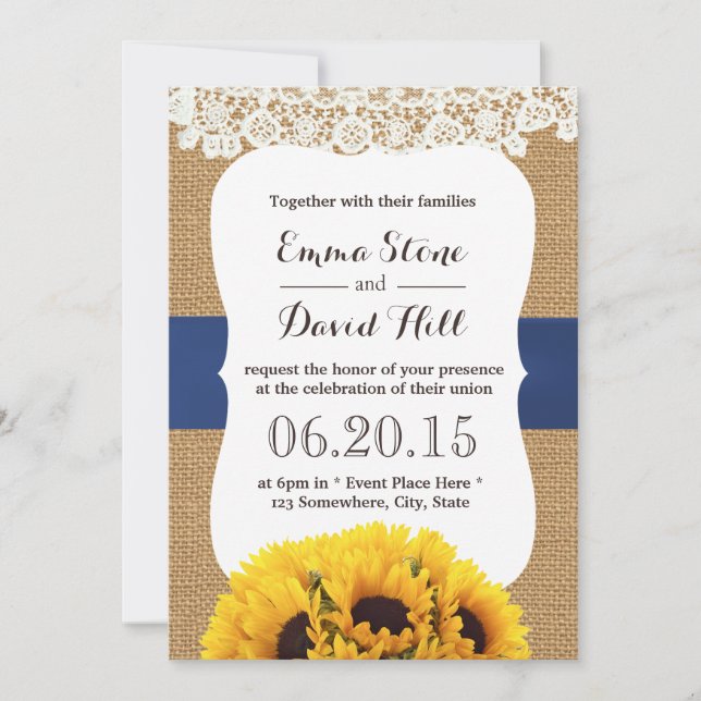 Rustic Burlap Sunflowers Laced Wedding Invitation (Front)