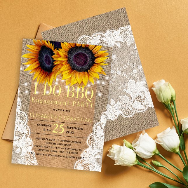 Rustic burlap sunflowers lights and lace I DO BBQ Invitation (Creator Uploaded)
