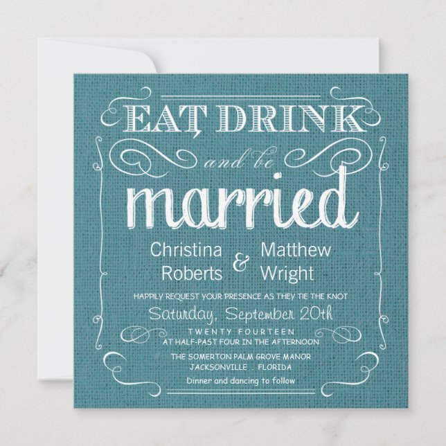 Rustic Burlap Teal Blue Wedding Invitations (Front)