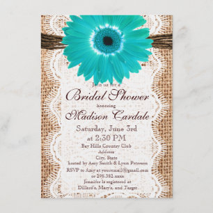 Rustic Burlap Teal Daisy Bridal Shower Invitations