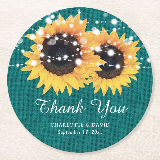 Rustic Burlap Teal Sunflower Wedding Round Paper Coaster (Front)
