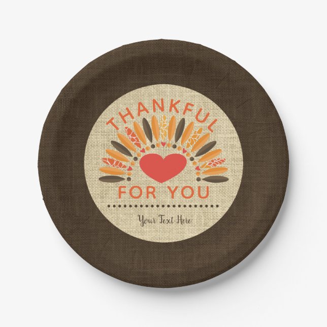 Rustic Burlap THANKFUL FOR YOU Personalized Paper Plate (Front)