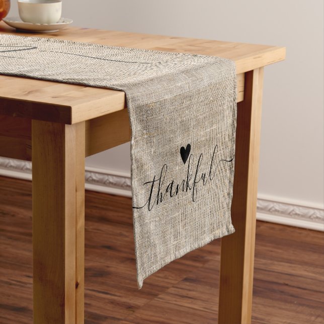 Rustic Burlap Thankful Thanksgiving Farmhouse Short Table Runner (In Situ)