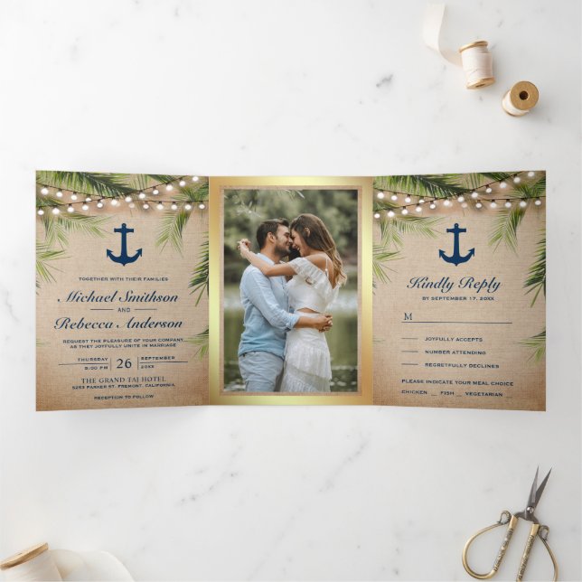 Rustic Burlap Tropical Palm Anchor Lights Wedding Tri-Fold Invitation (Inside)