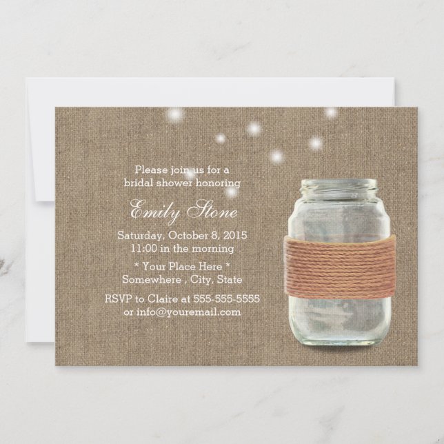 Rustic Burlap Twine & Mason Jar Bridal Shower Invitation (Front)