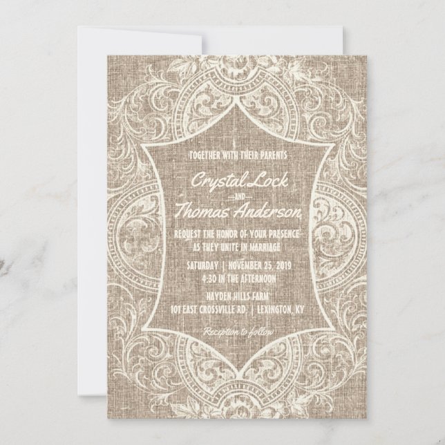 Rustic Burlap Vintage French Lace Wedding Invite (Front)